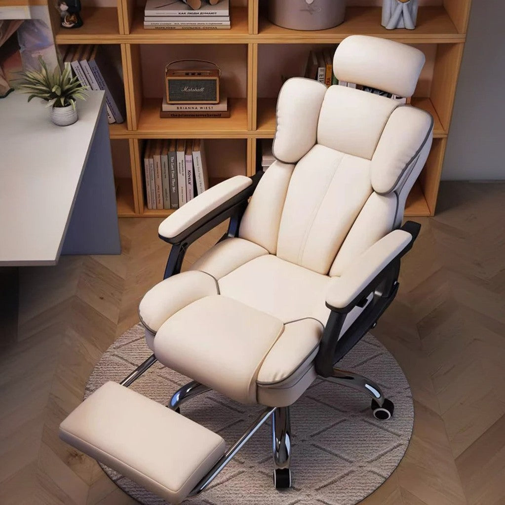 Scandinavian Leather Steel Swivel Lift Desk Chair — Aluminum With Footrest / White