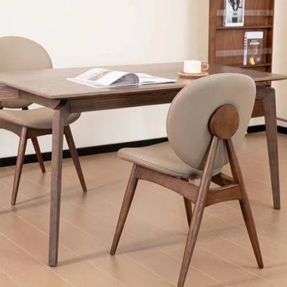 Scandinavian Round Wood Veneer Dining Chair — Beige + Walnut Color