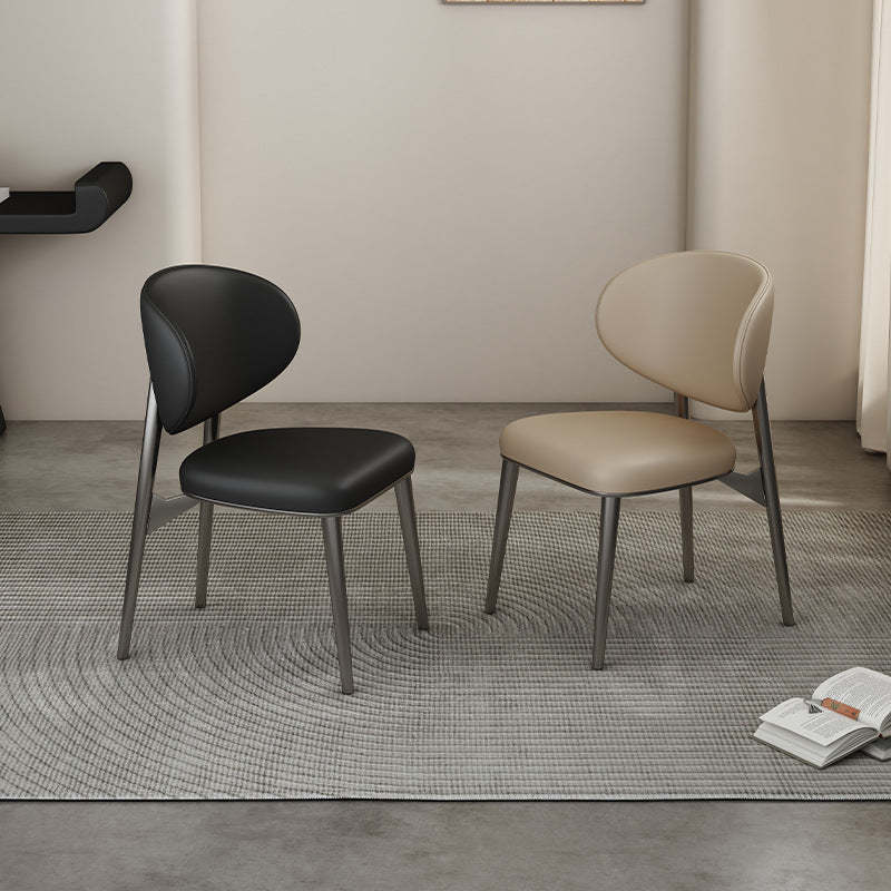 Minimalist Curved Leather Steel Dining Chair — Khaki