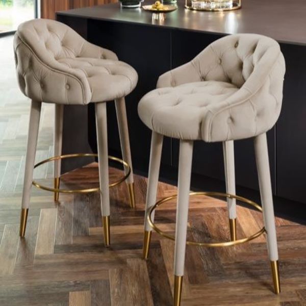 Nordic Curved Metal Wood Fabric Bar Stool — Beige