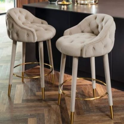 Nordic Curved Metal Wood Fabric Bar Stool — Beige