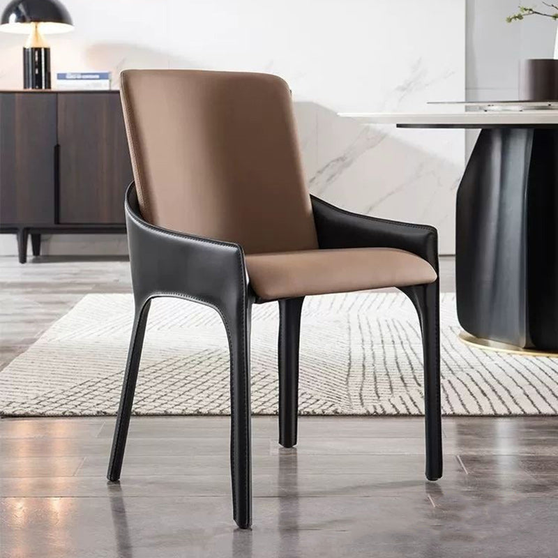 Minimalist Metal Leather Dining Chair — Black + Brown
