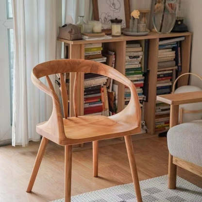 Vintage Curve Wood Dining Chair with Armrest — Original Wood Color