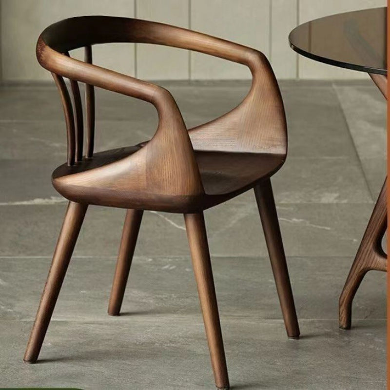 Vintage Curve Wood Dining Chair with Armrest — Walnut Color