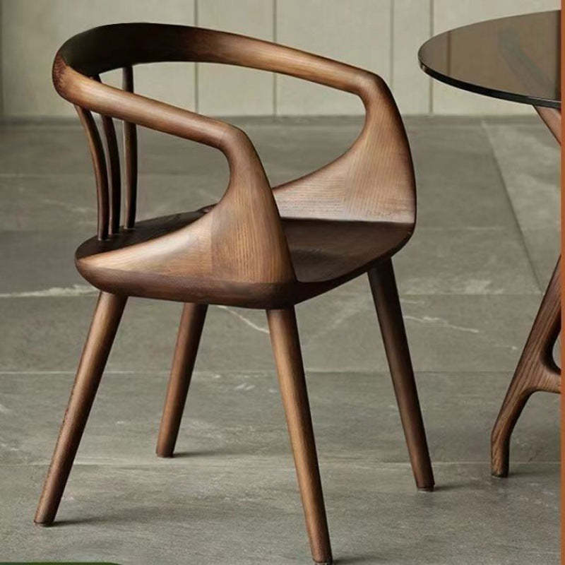 Vintage Curve Wood Dining Chair with Armrest — Walnut Color