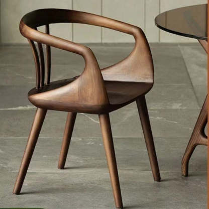 Vintage Curve Wood Dining Chair with Armrest — Walnut Color