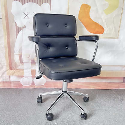 Minimalist Swivel Metal Leather Desk Chair — B - Black