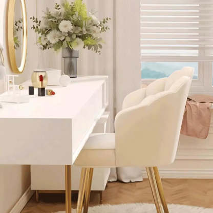 Art Deco Petal Velvet Wood Vanity Stool — Non-rotatable Model / Gray + White