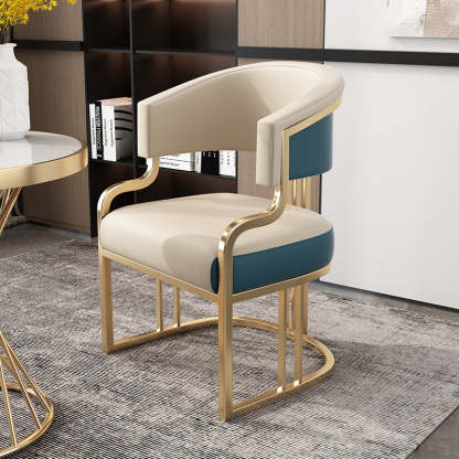 Modern Semicircle Metal Leather Dining Chair — Tall Backrest - Beige + Orange