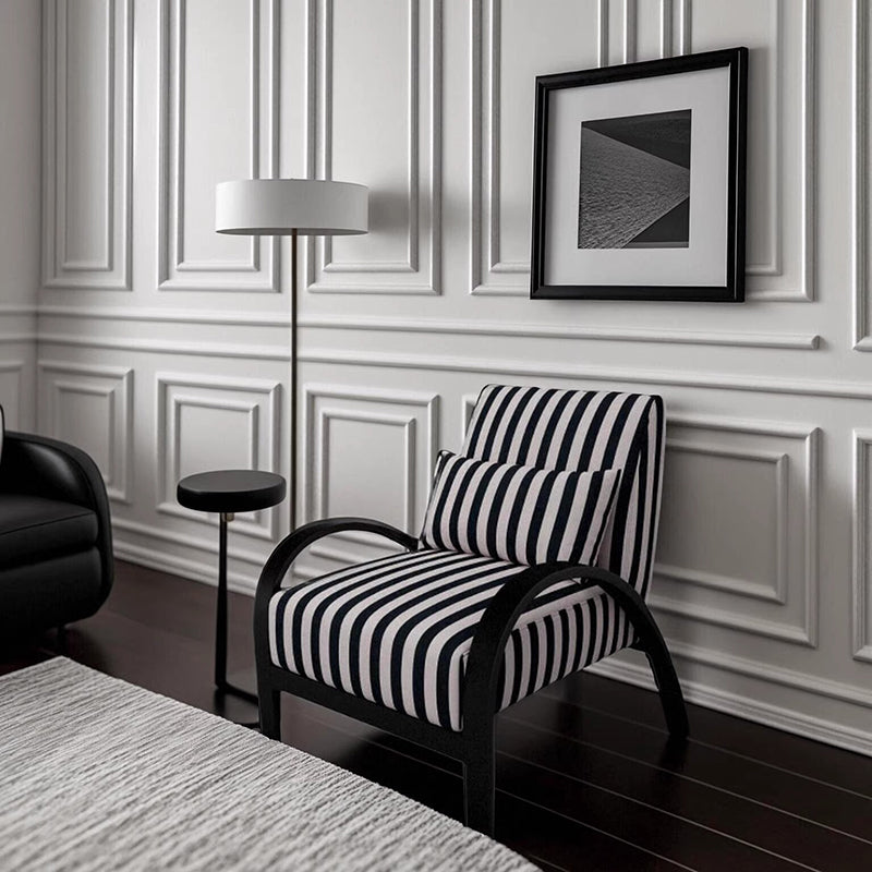 Nordic Curved Metal Lambswool Accent Chair — Black and White Stripes