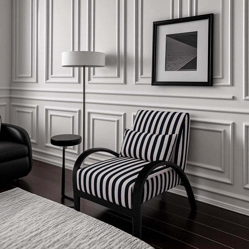 Nordic Curved Metal Lambswool Accent Chair — Black and White Stripes
