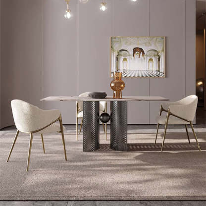 Minimalist Curved Lambswool Velvet Dining Chair — Khaki - Lambswool