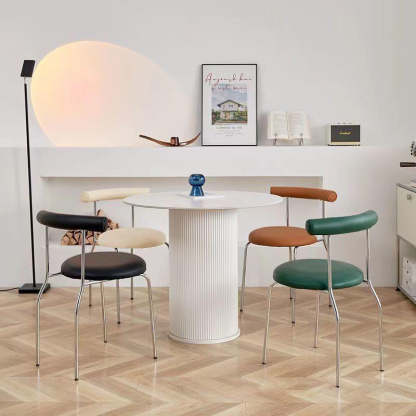 Mid-Century Curve Steel Leather Dining Chair — Silver Leg + White