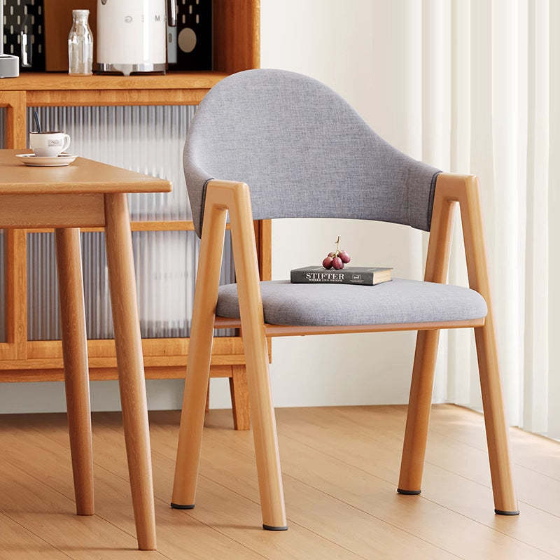 Minimalist A-Shape Curve Wood Leather Dining Chair — Cotton Linen - Green
