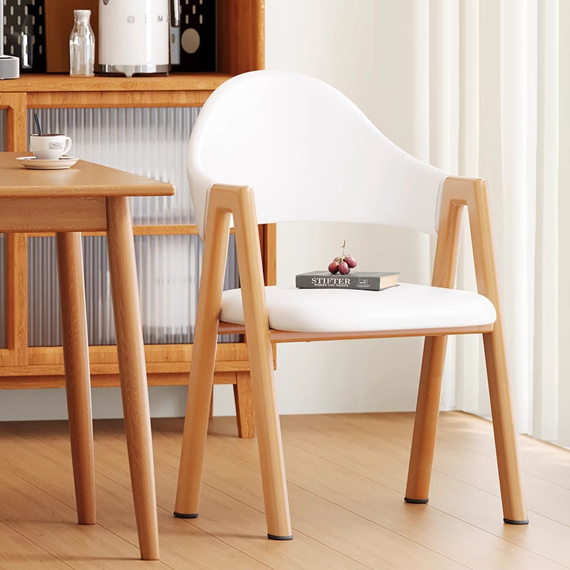 Minimalist A-Shape Curve Wood Leather Dining Chair — Leather - White