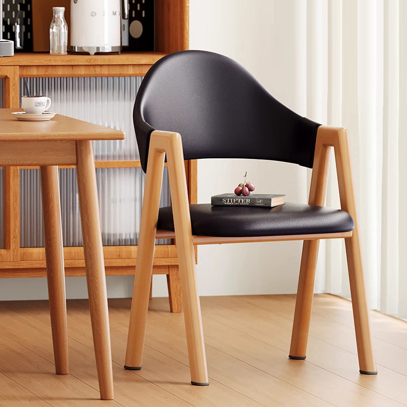 Minimalist A-Shape Curve Wood Leather Dining Chair — Cotton Linen - Coffee Color