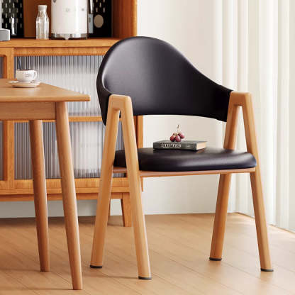 Minimalist A-Shape Curve Wood Leather Dining Chair — Cotton Linen - Coffee Color