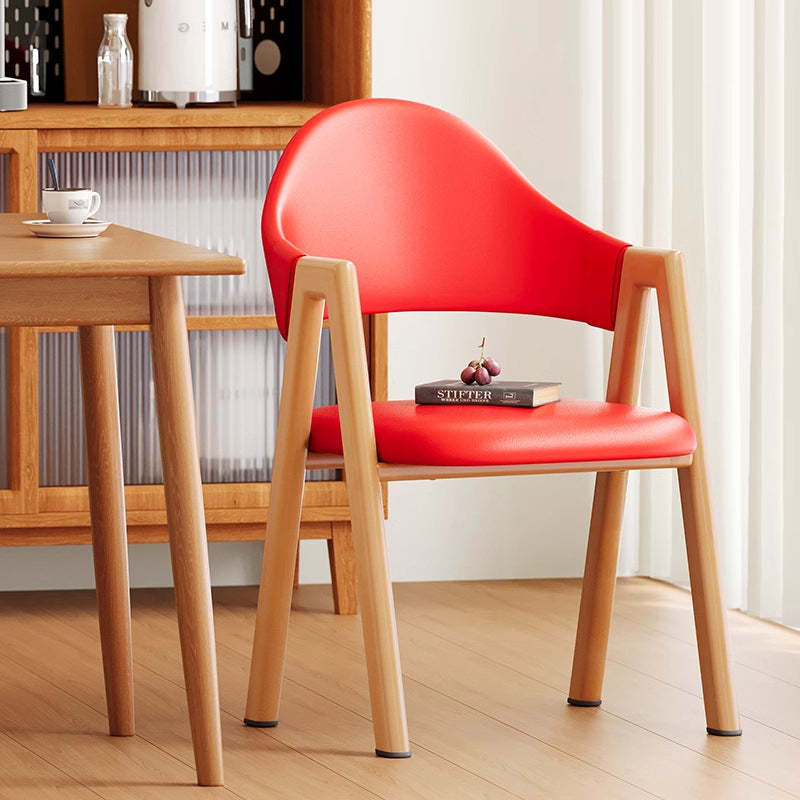 Minimalist A-Shape Curve Wood Leather Dining Chair — Leather - Brown