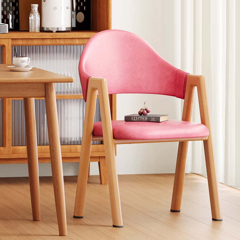 Minimalist A-Shape Curve Wood Leather Dining Chair — Leather - Red