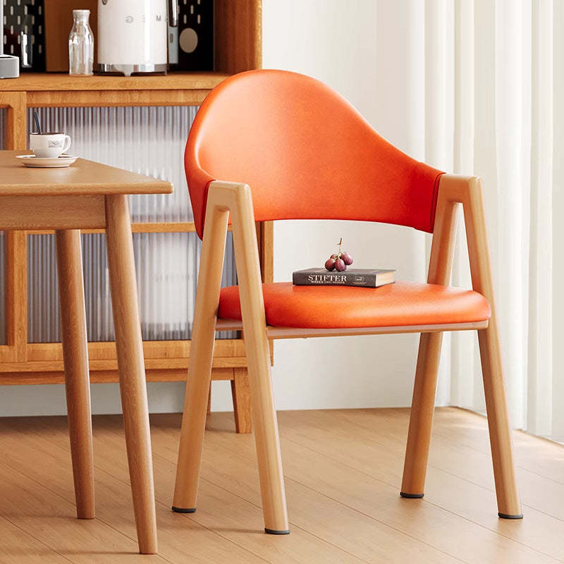 Minimalist A-Shape Curve Wood Leather Dining Chair — Leather - Orange