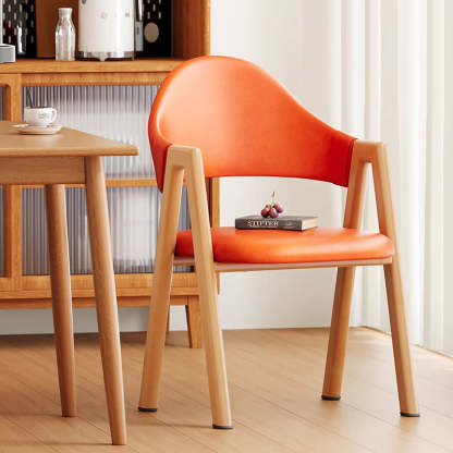 Minimalist A-Shape Curve Wood Leather Dining Chair — Leather - Orange