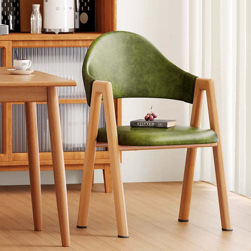 Minimalist A-Shape Curve Wood Leather Dining Chair — Leather - Green