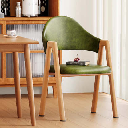 Minimalist A-Shape Curve Wood Leather Dining Chair — Leather - Green