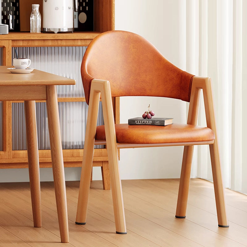 Minimalist A-Shape Curve Wood Leather Dining Chair — Leather - Light Gray