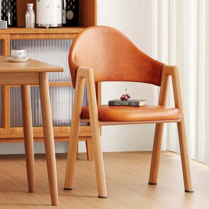 Minimalist A-Shape Curve Wood Leather Dining Chair — Leather - Light Gray