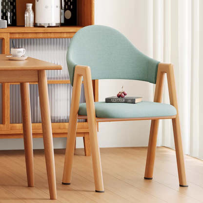 Minimalist A-Shape Curve Wood Leather Dining Chair — Cotton Linen - Blue-green Color