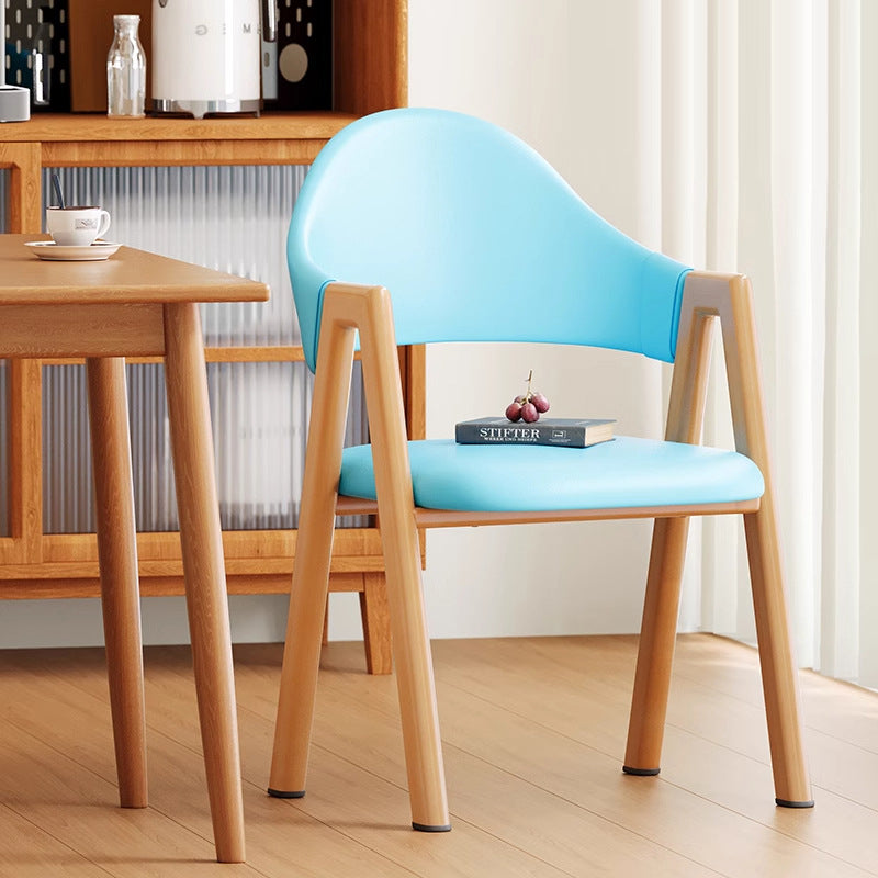 Minimalist A-Shape Curve Wood Leather Dining Chair — Leather - Deep Green