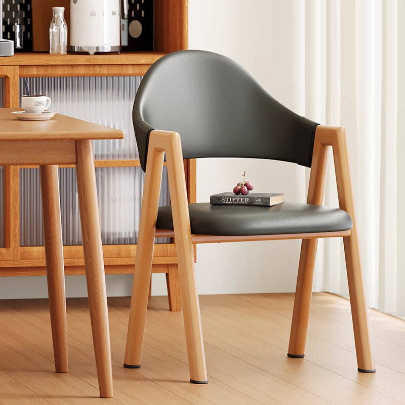 Minimalist A-Shape Curve Wood Leather Dining Chair — Leather - Yellow