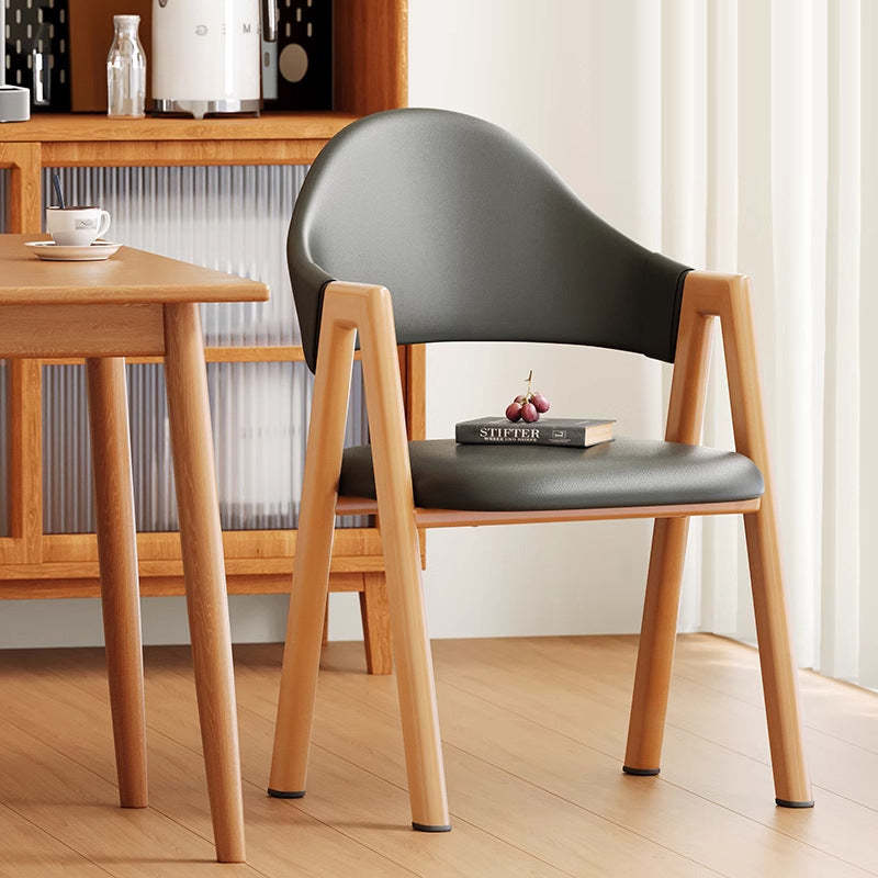 Minimalist A-Shape Curve Wood Leather Dining Chair — Leather - Yellow
