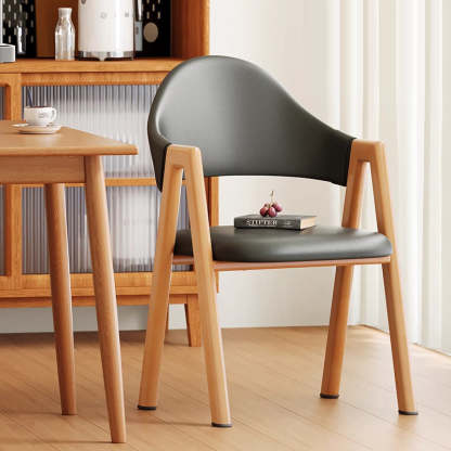 Minimalist A-Shape Curve Wood Leather Dining Chair — Leather - Yellow