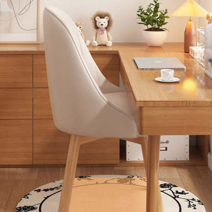 Minimalist Curve Wood Leather Desk Chair — Fabric - Khaki + Gray