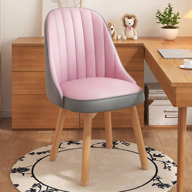 Minimalist Curve Wood Leather Desk Chair — Leather - Khaki + Gray