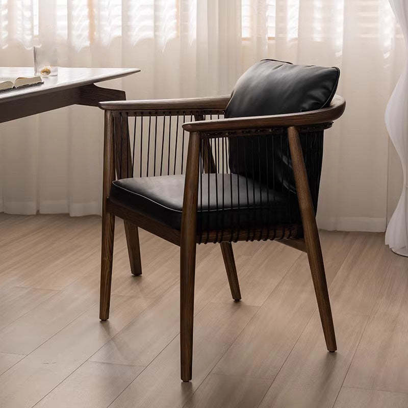Vintage Ash Wood Microfiber Cowhide Dining Chair — Microfiber Leather / Walnut Color