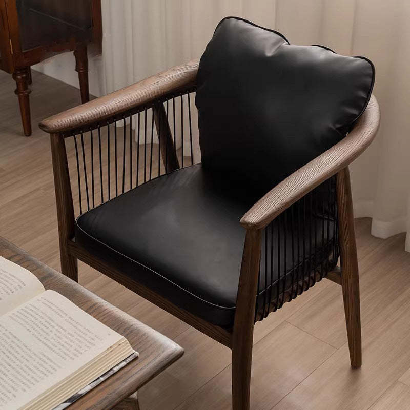 Vintage Ash Wood Microfiber Cowhide Dining Chair — Microfiber Leather / Black