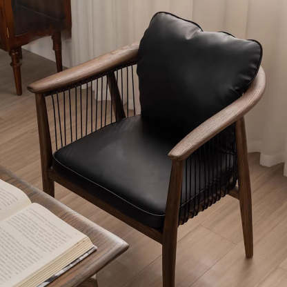 Vintage Ash Wood Microfiber Cowhide Dining Chair — Microfiber Leather / Black