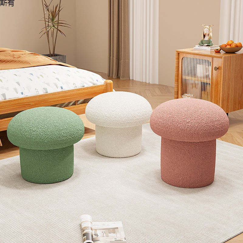 Scandinavian Mushroom Wood Lambswool Vanity Stool — Black