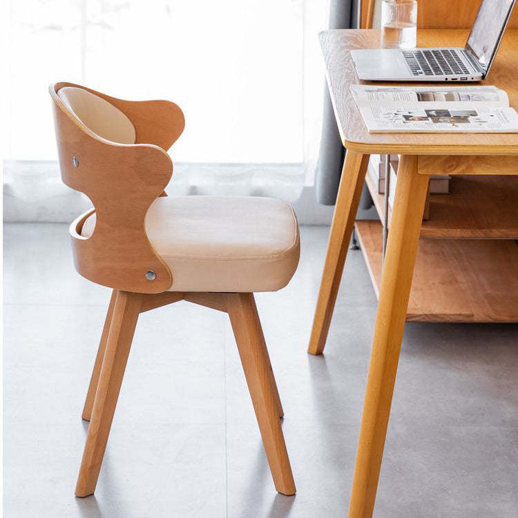 Minimalist Rotatable Curve Wood Leather Dining Chair — Khaki