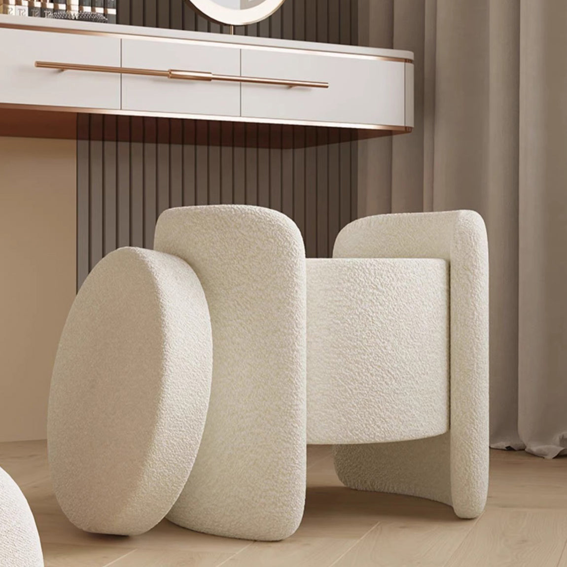 Nordic Cream Wood Lambswool Vanity Stool
