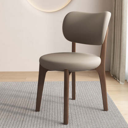 Scandinavian Round Oak Leather Dining Chair — Dark Walnut Color + Orange