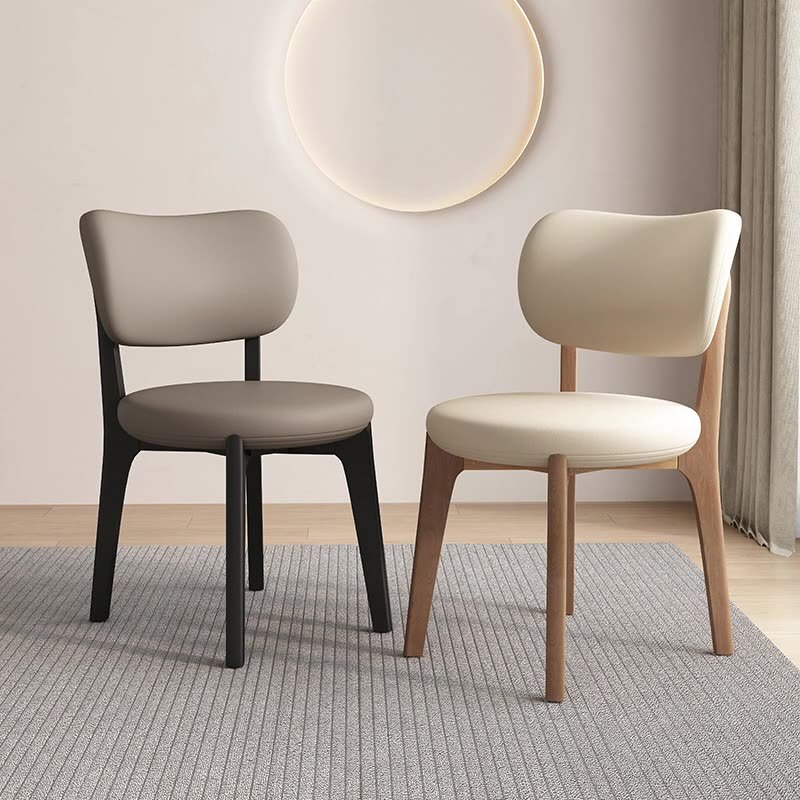 Scandinavian Round Oak Leather Dining Chair — Original Wood Color Base + Light Khaki