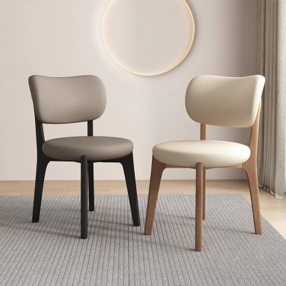 Scandinavian Round Oak Leather Dining Chair — Original Wood Color Base + Light Khaki