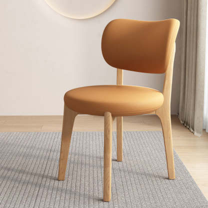 Scandinavian Round Oak Leather Dining Chair — Light Walnut Color + Light Khaki