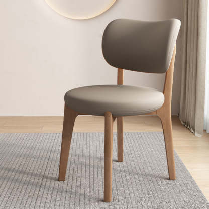 Scandinavian Round Oak Leather Dining Chair — Light Walnut Color + White