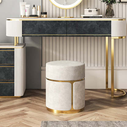 Minimalist Cylinder Metal Fabric Vanity Stool — Beige + Gold