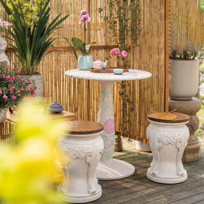 Chinese Round Wood Marble Dining Chair