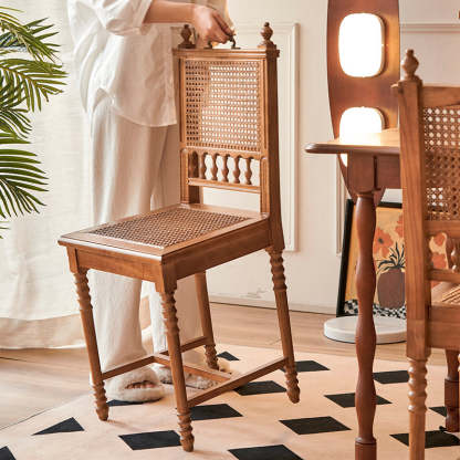 Vintage Solid Wood Rattan Dining Chair — C